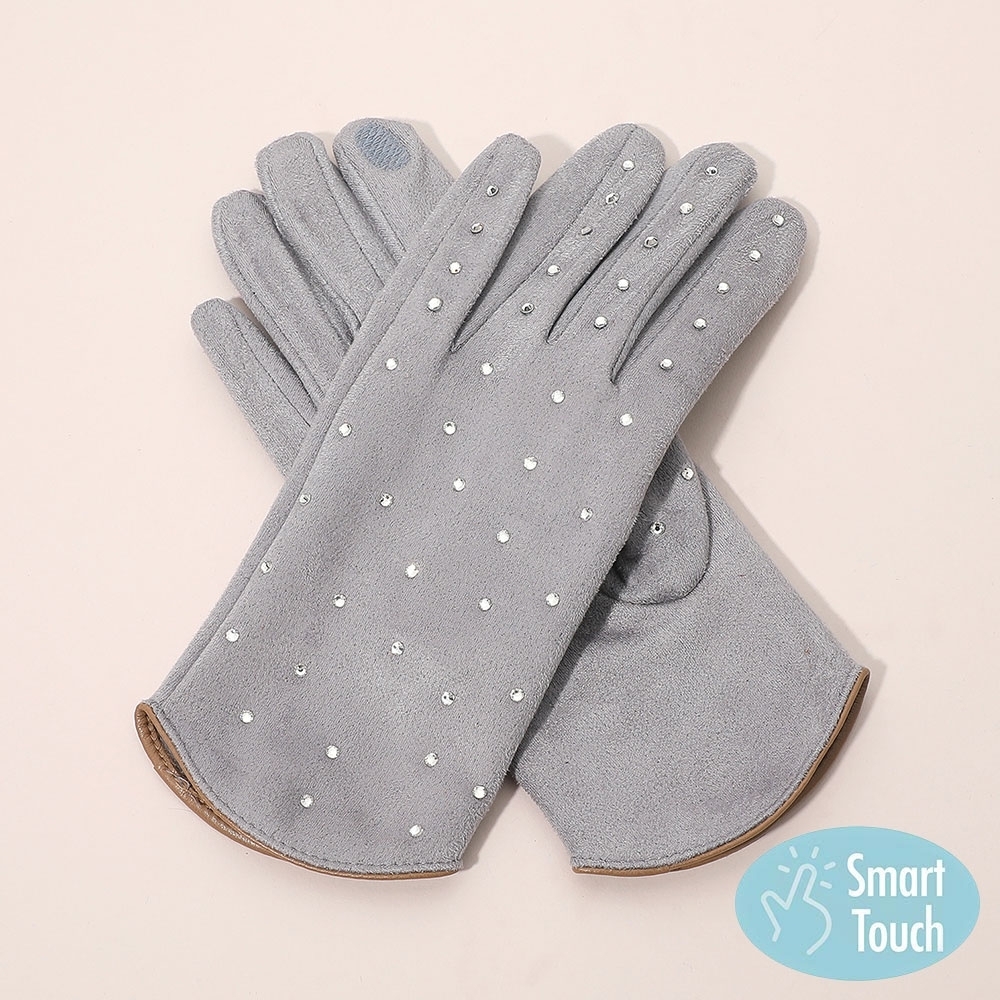 Gray Rhinestone Smart Touch Fur Gloves Cute Statement Accessories Trendy